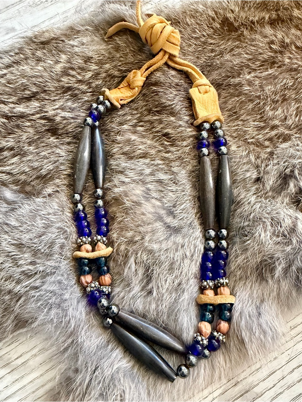 Vintage Native American Buffalo Hairpipe Bone Hematite Leather Choker Necklace